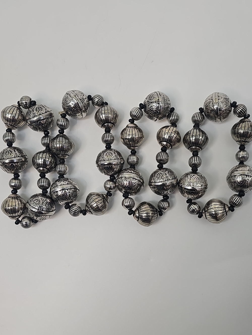 Boho Silver-toned Bracelet Bundle Of 4 Stretch Bracelets w Black Etched Design